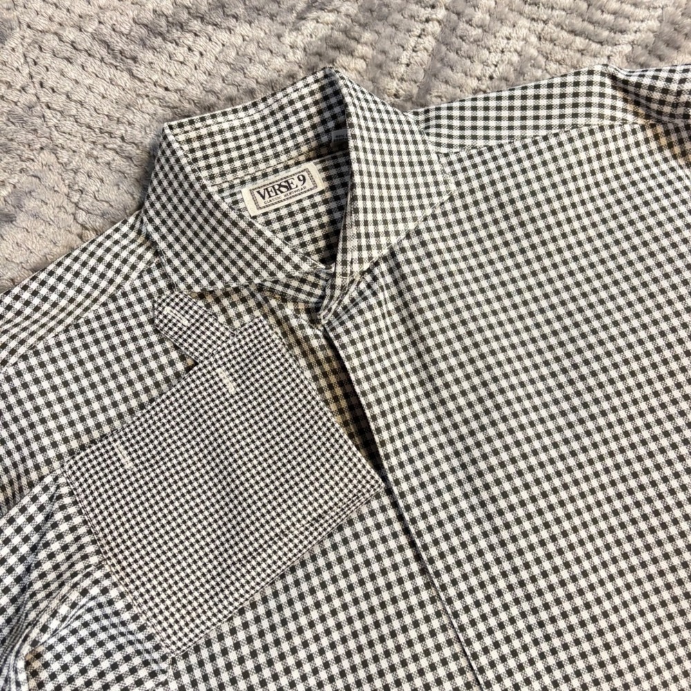 Verse9 Mens Gingham Dress Shirt Black White French Cuff Spread Collar 16-16.5 36